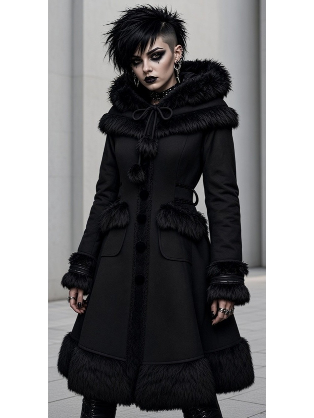 New Punk Rave Pyon Lolita Doll Black Faux Fur Lace Gothic Hooded Coat